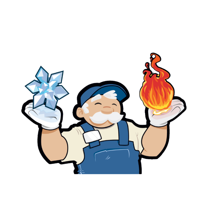 Tom the Tomco HVAC mascot holding a snowflake and a flame